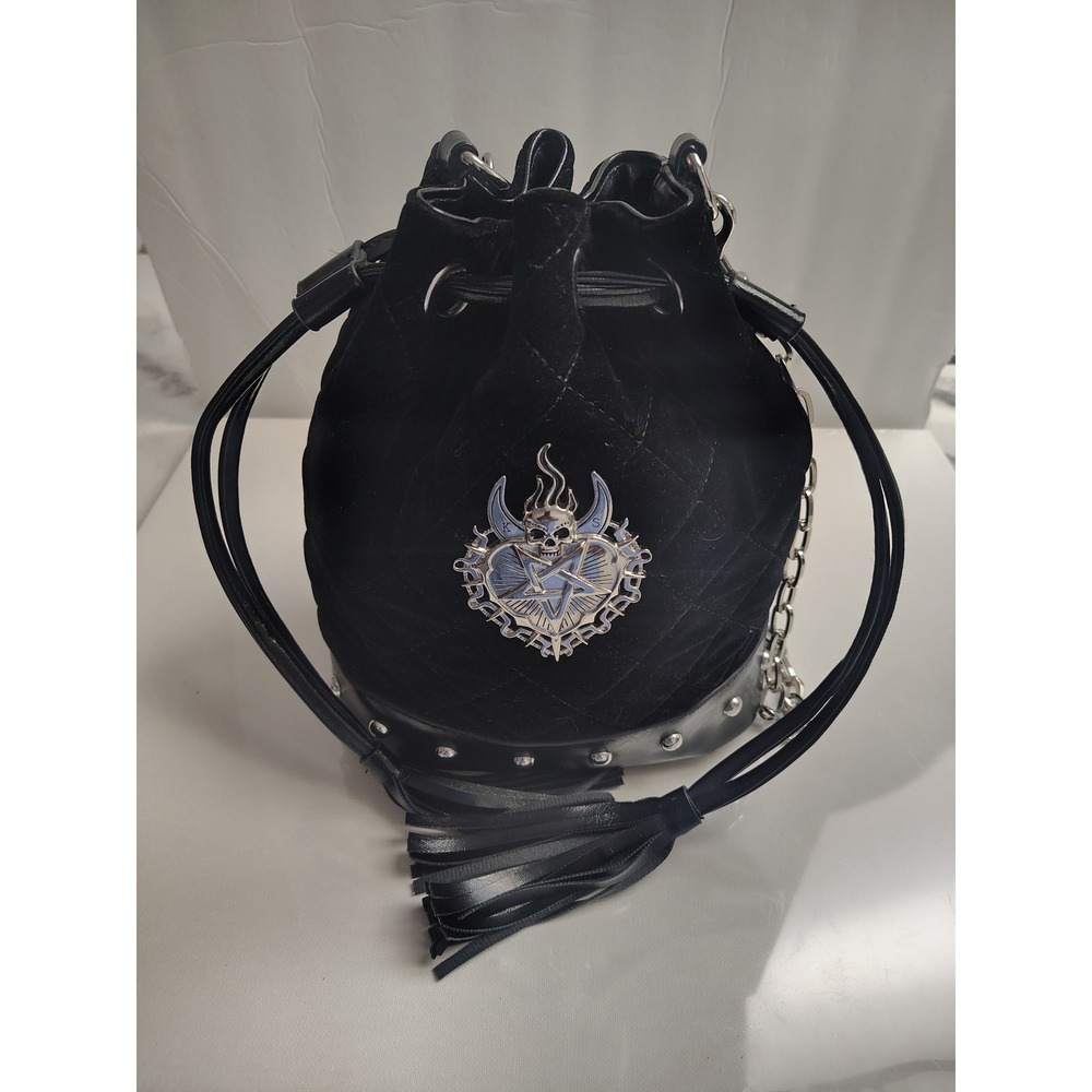Killstar Black Velvet Quilted Bucket Bag Gothic Skull Pentagram Heart Tassel